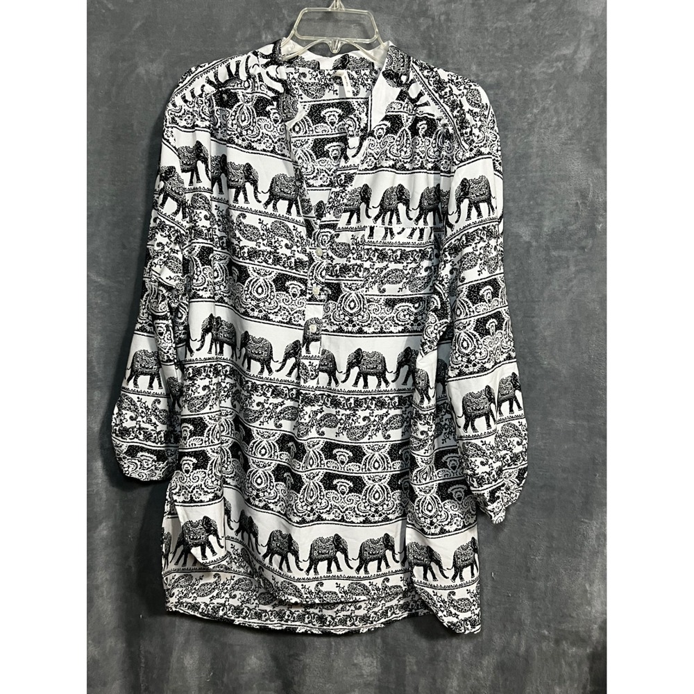 Live 4 Truth Elephant Paisley Print Tunic Top Black White 3X Roll Tab Sleeve